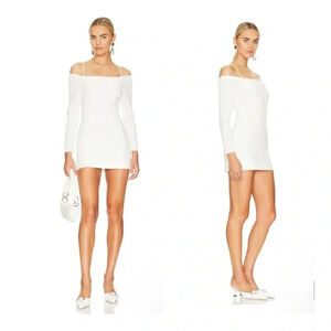 Revolve L’Academie white Aurora off the shoulder mini dress